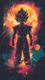 Cosmic warrior silhouette glowing against a blazing moon.