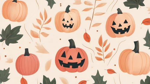 Vector jack o lantern repeat with stylized autumn foliage pattern.