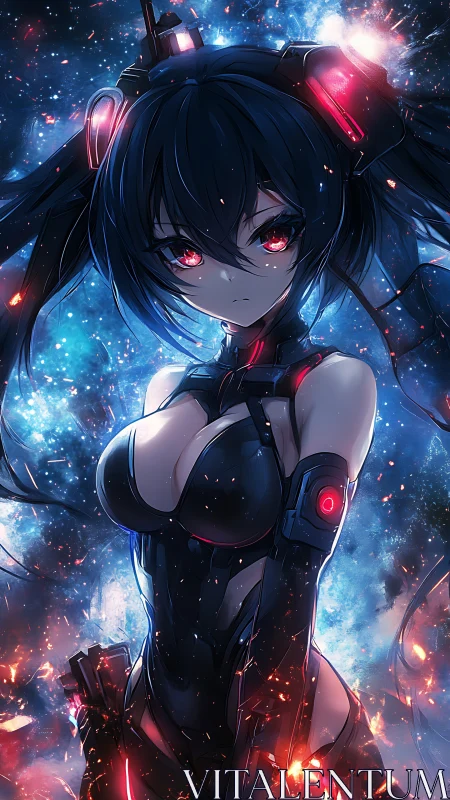 Fierce cyber anime heroine glowing in a storm of starlight.