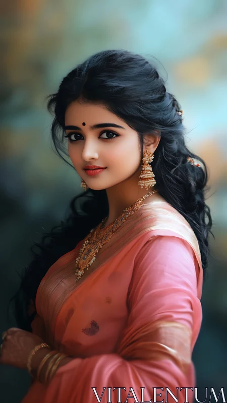 Soft gaze in silk: timeless portrait in warm pink hues.