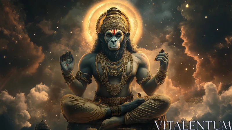 Divine simian deity in celestial meditation with radiant halo.