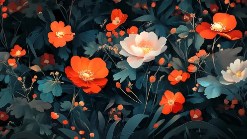 Floral composition with orange blooms and teal foliage on dark background.