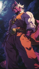 Anthropomorphic figure stands in low-angle night scene