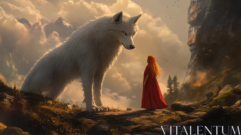 Colossal white wolf confronts cloaked woman on alpine ridge