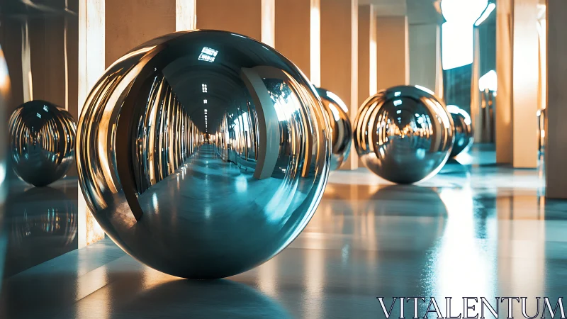 Mirrored orbs drift through a luminous hallway of echoes.