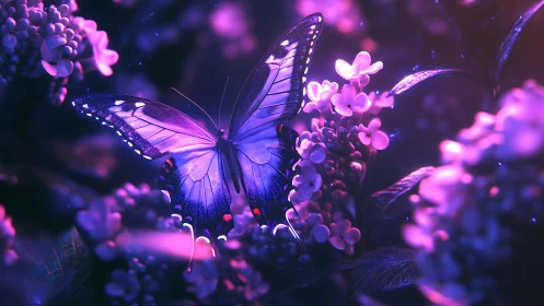 Digital painting of neon butterfly amid luminous blossoms.