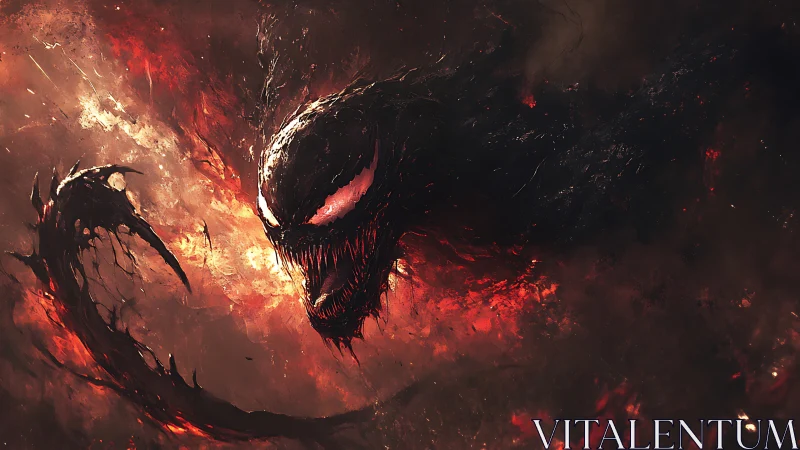 Symbiotic shadow creature emerging in infernal particle storm