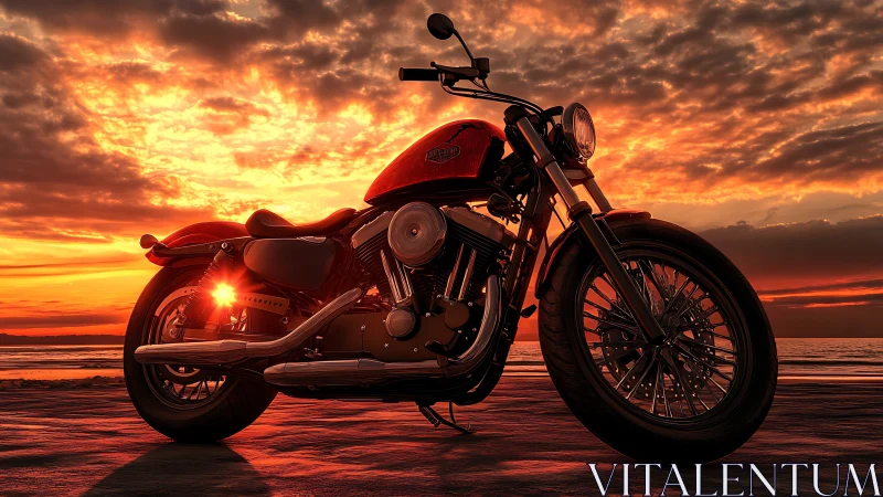 Red cruiser motorcycle parked by calm sunset shoreline.