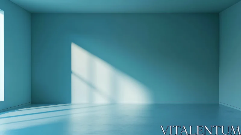 Empty blue room with geometric sunlight on wall and floor.