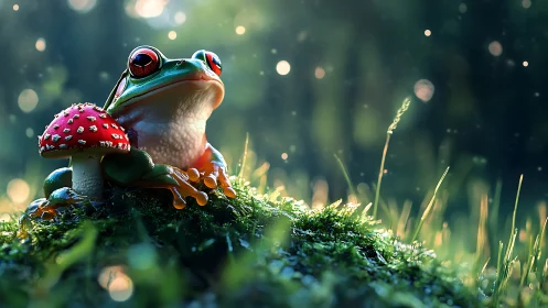 Forest frog daydream beside a tiny red toadstool friend.