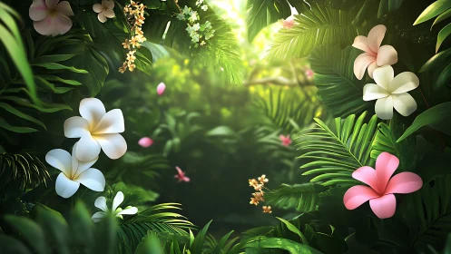 Lush tropical blossoms glow in a sunlit jungle clearing.