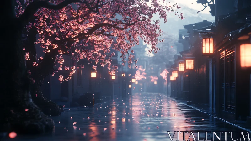 3D twilight street under luminous sakura canopy composition.