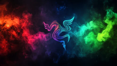 Neon serpent emblem in chromatic vapor field composition.