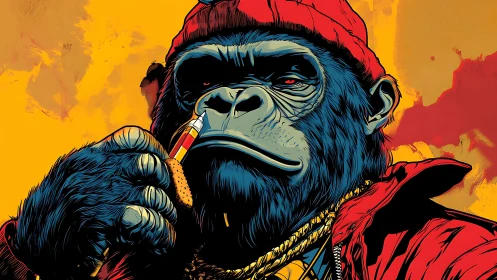 Gorilla in red clothing with cigar against orange backdrop.