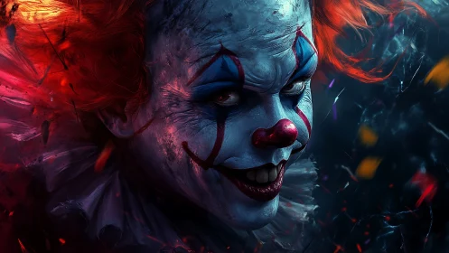 Sinister clown portrait shows menacing close-up expression