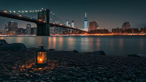 Lantern glow beneath Brooklyn Bridge and nocturnal skyline.