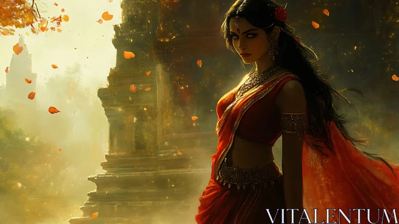 Mystical woman in red saree stands before luminous temple ruins