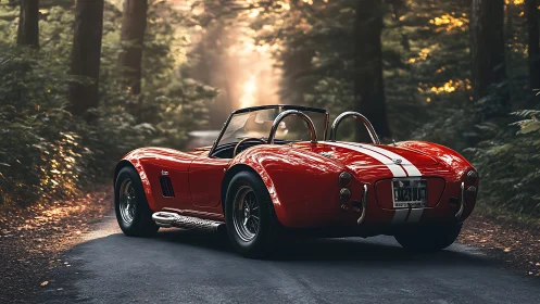 Red classic roadster parked on forest road at sunrise.