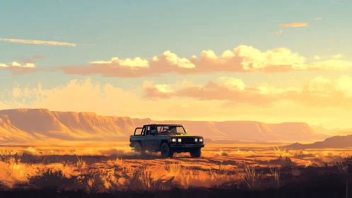 Off road vehicle in open desert plain under evening light.