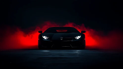 Midnight supercar emerging through dramatic red haze.