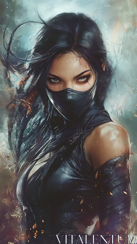 Masked female warrior in dark attire amid abstract sparks.