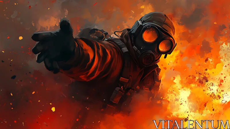 Figure in gas mask amid dense orange explosion field.