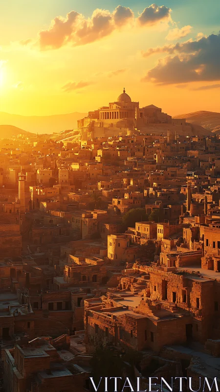 Sunlit terraced stone city with neoclassical hilltop temple at dusk