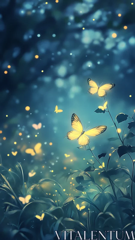 Yellow butterflies over foliage in soft blue nocturnal light.