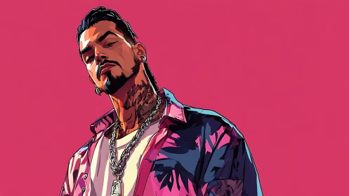 Stylized male portrait with tattoos on solid pink backdrop.