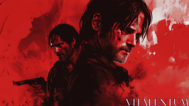 Digital painting portrait of armed man in red monochrome field.