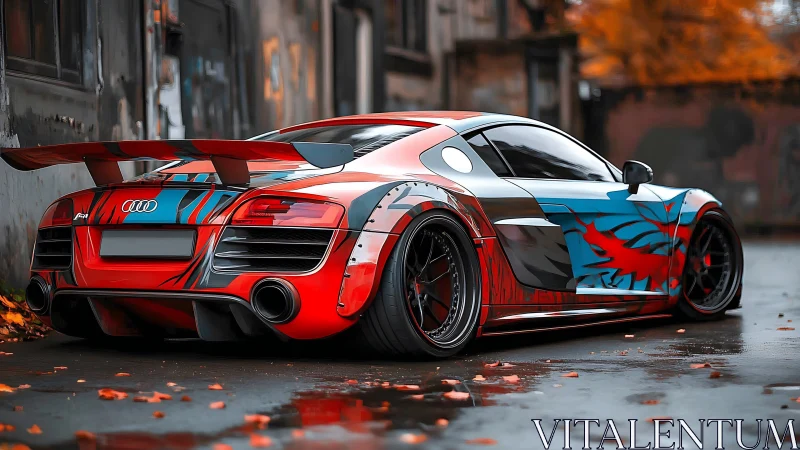 Modified Audi R8 with custom livery on wet urban street.