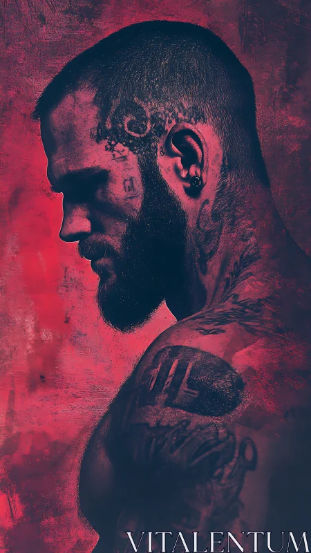 Side-lit tattooed male profile rendered in duotone red contrast