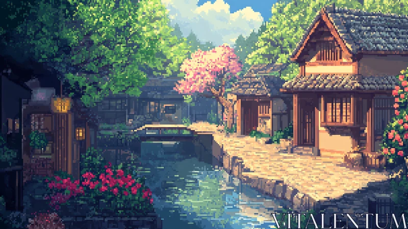 Sunlit canal village glows softly in peaceful pixel spring