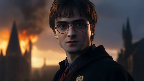 Young male wizard portrait before burning castle towers.