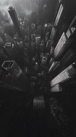 Monochrome aerial city canyon with towering vertical grids.