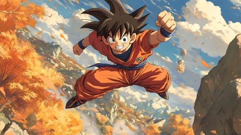 Aerial martial charge across autumn canyon under dynamic sky.