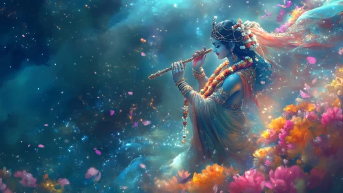 Blue-skinned figure with flute amid floating petals and flowers.