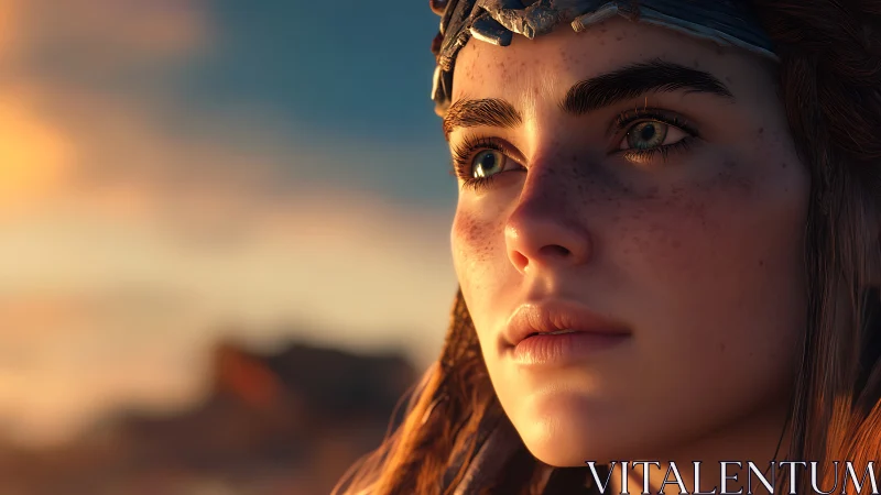 Sunlit warrior gazes into horizon with quiet resolve.