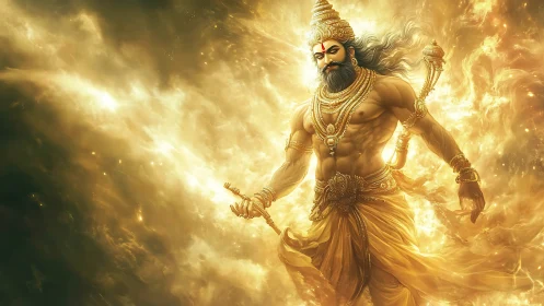 Mythic celestial warrior in radiative golden plasma field.