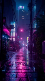 Neon rain slicked alley reflects magenta city glow
