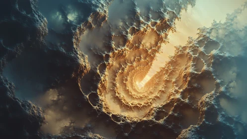 Fractal cavern vortex with golden volumetric light shaft.