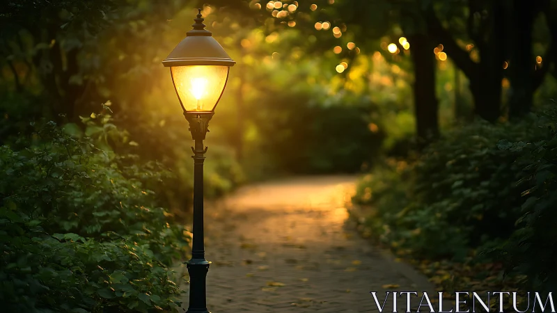 Warm lamppost illumination defines shallow depth forest pathway