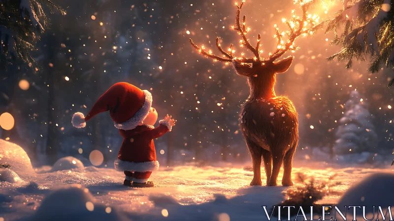 Small child meets glowing reindeer in snowy forest scene.