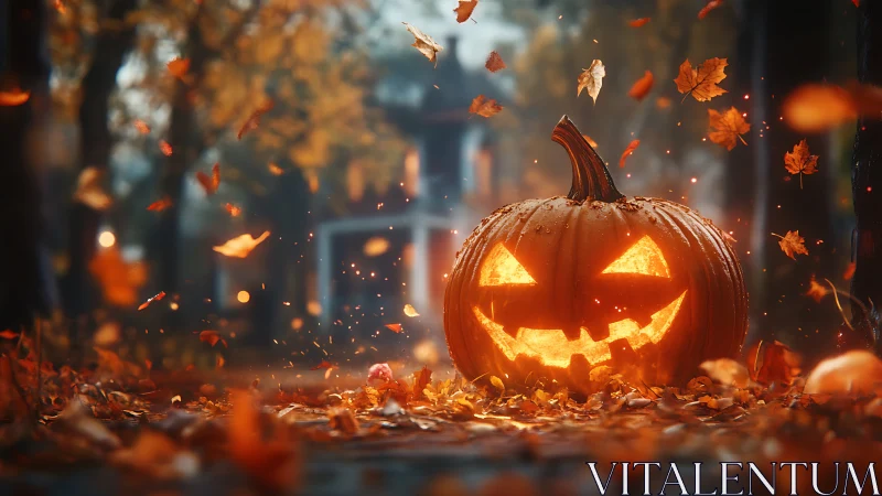 Jack-o’-lantern glowstorms through a swirling autumn alley.