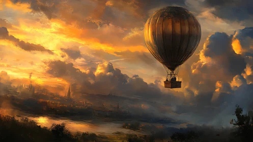 Golden hour balloon drifting above a dreaming city.