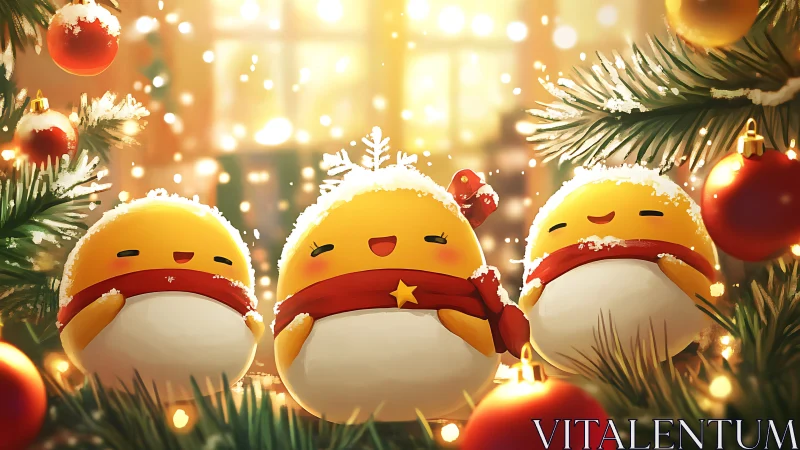 Cheerful snow chick friends share a glowing holiday moment