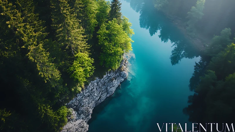 Forest river cliff edge meets calm turquoise water surface