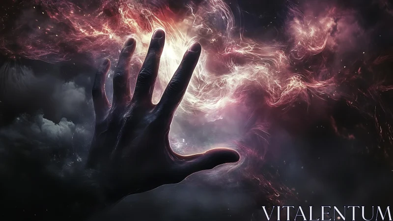 Spectral hand silhouette interacts with luminous nebular plasma field