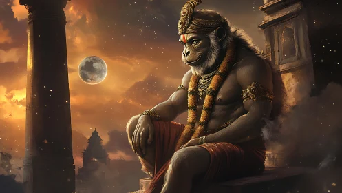 Mythic simian guardian in moonlit temple environment study.