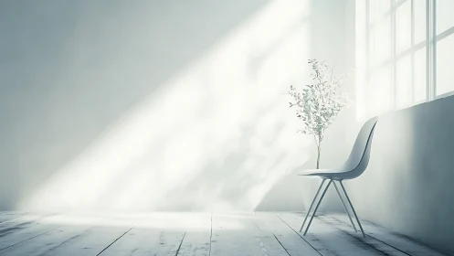 Sunlit silence balances pale chair and whispering foliage